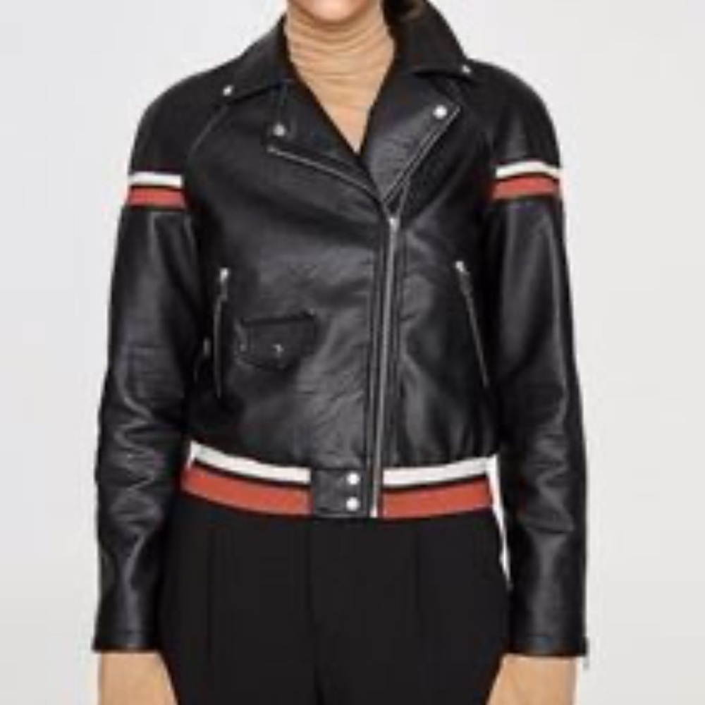ZARA faux leather  black moto bomber zip up jacket ZZ inspire others‎ Z1975 S